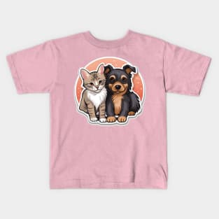 Charming Kitten and Puppy Duo with Warm Backdrop Kids T-Shirt